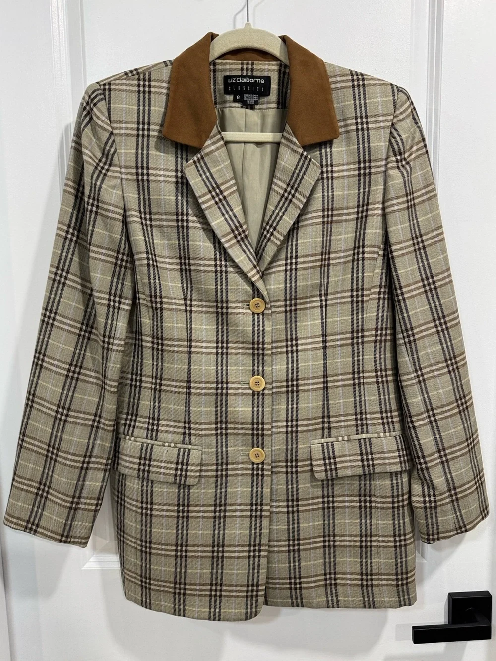 Liz Claiborne Vintage 100% Pure New Wool Plaid Blazer Suede Collar 8 Beige Brown